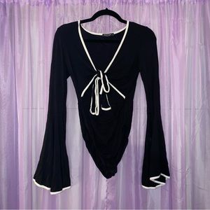 Nasty Gal Black Tie Bell Sleeve Long Sleeve with White Trim Crop Bodysuit